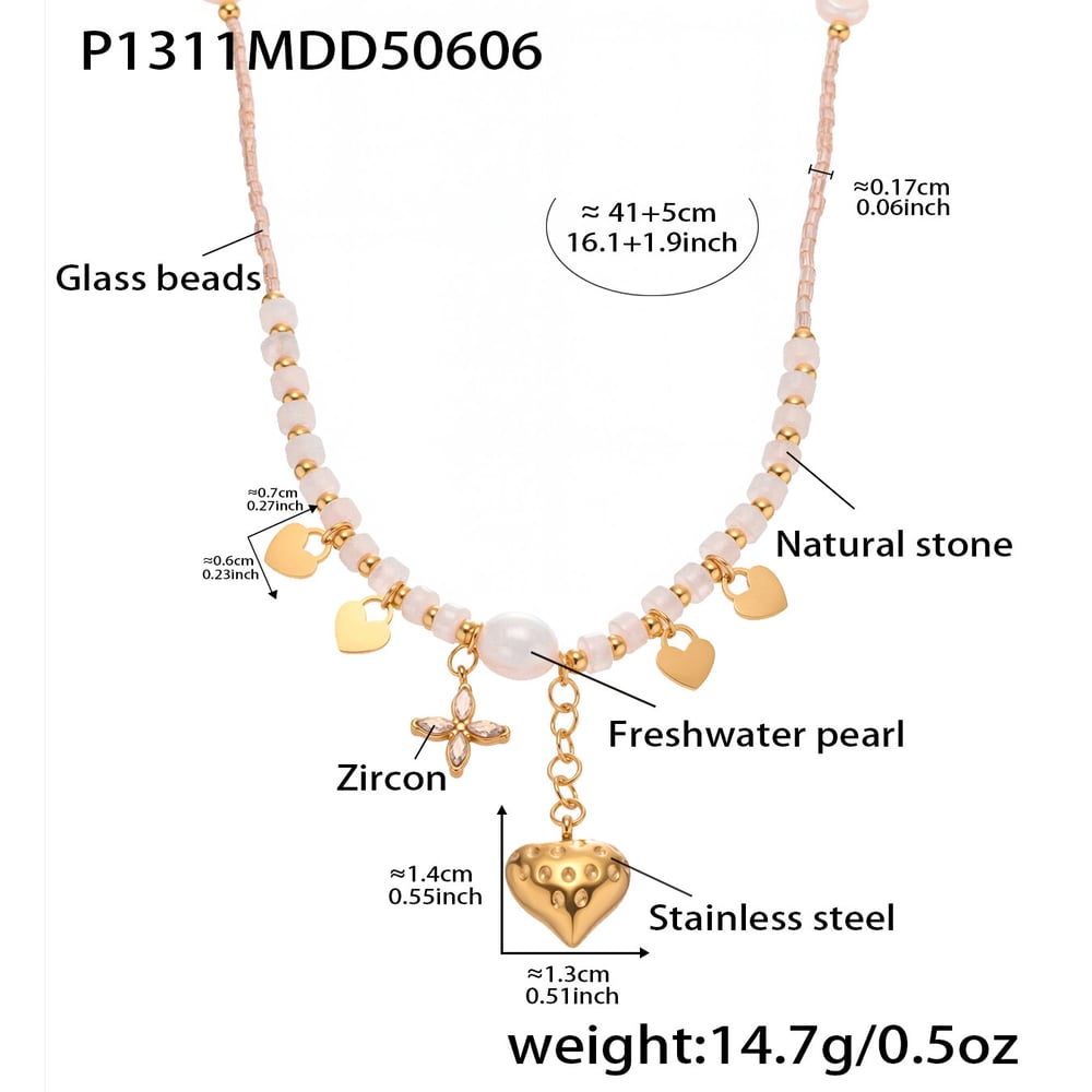 1 Piece Elegant Heart Natural Stones&Pearl Gold Color Women's Beaded Necklaces h5Picture2