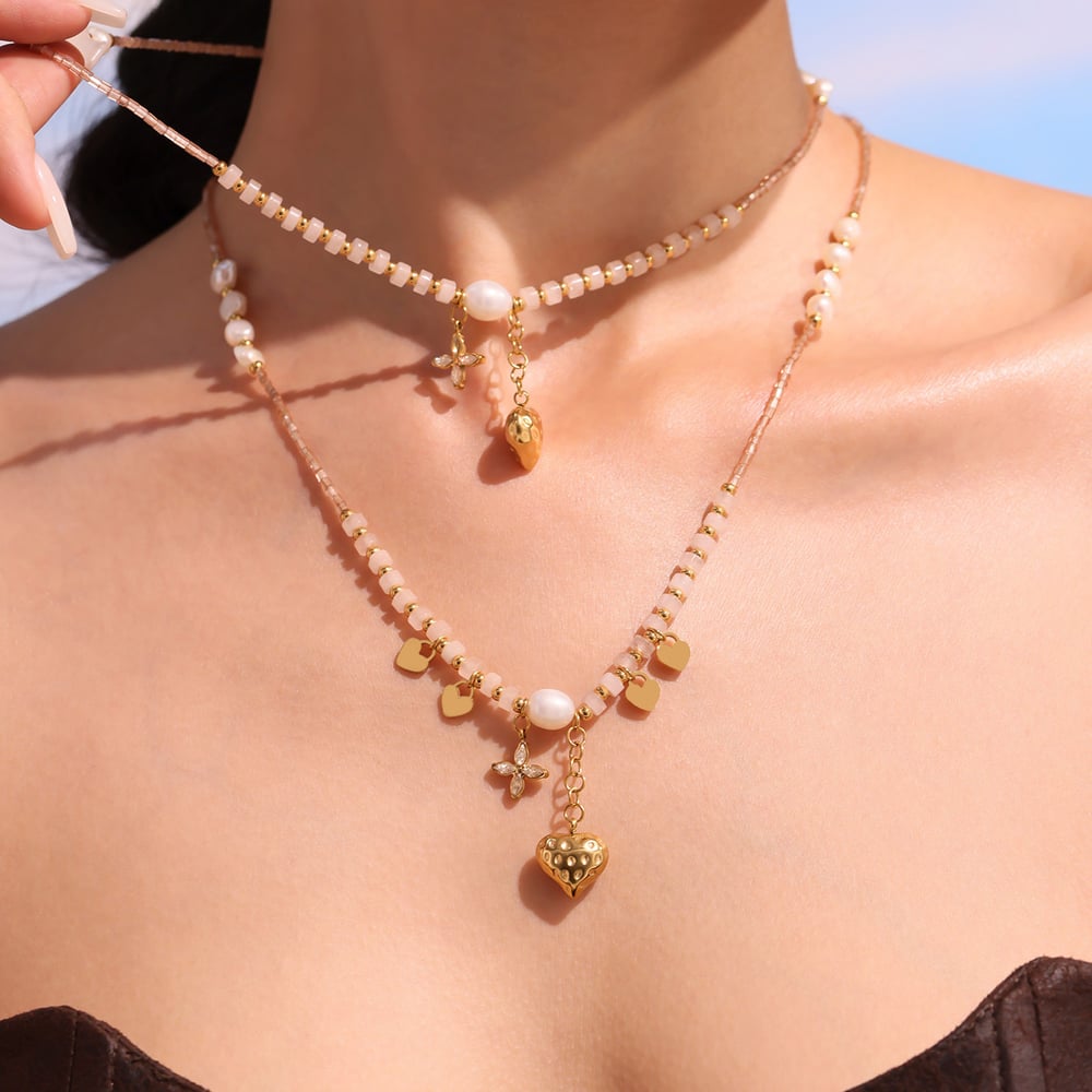 1 Piece Elegant Heart Natural Stones&Pearl Gold Color Women's Beaded Necklaces h5Picture3