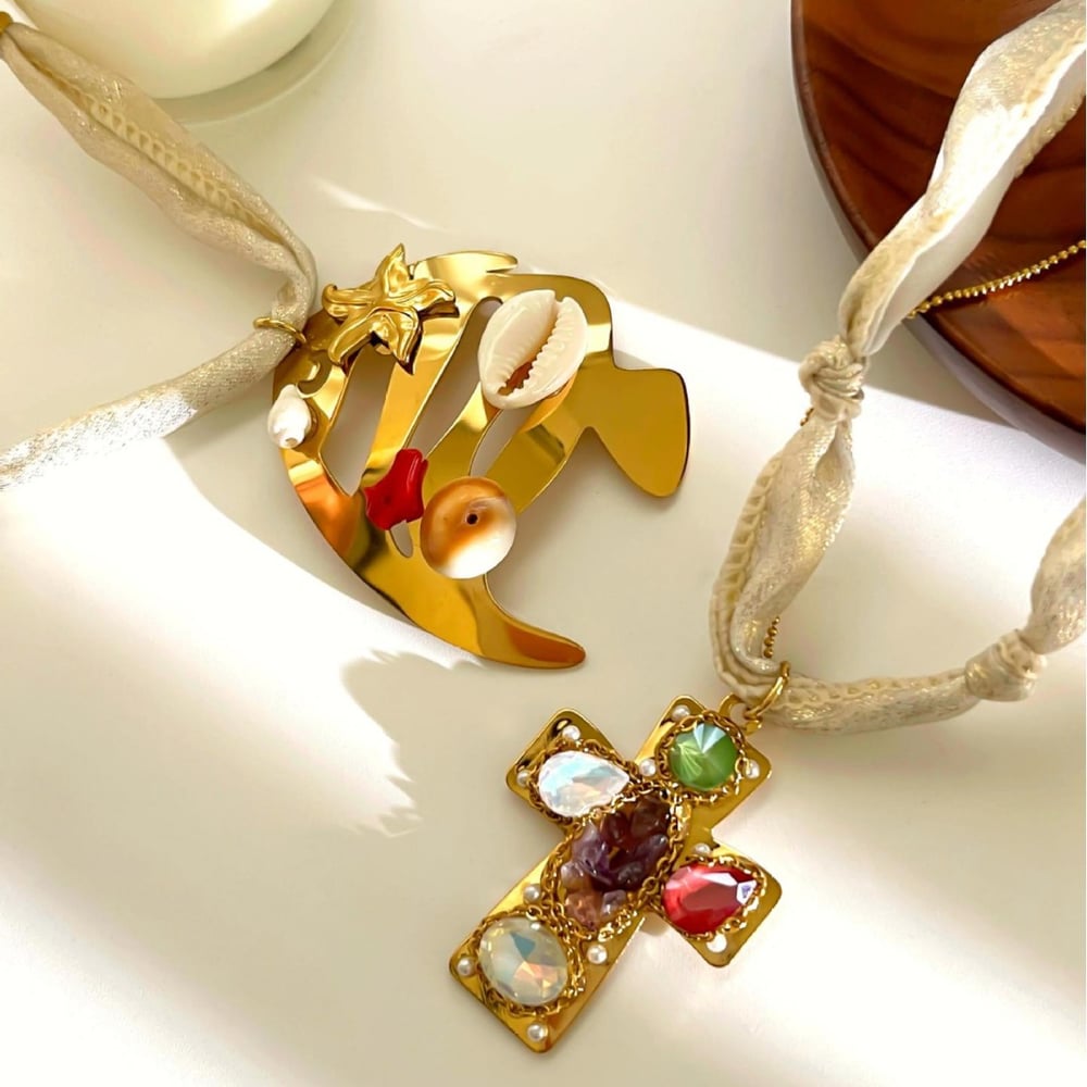 1 Piece Cross Fish Stainless Steel Gold Color Pendant Necklace h5Picture4