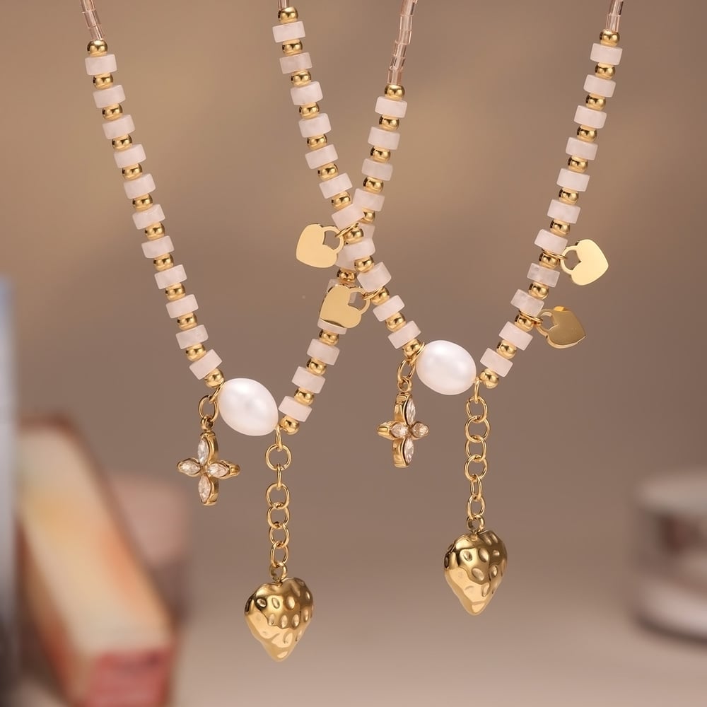 1 Piece Elegant Heart Natural Stones&Pearl Gold Color Women's Beaded Necklaces h5Picture6