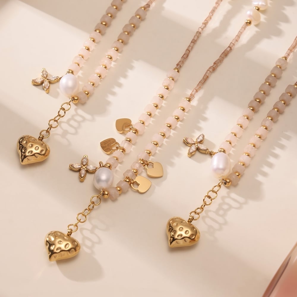 1 Piece Elegant Heart Natural Stones&Pearl Gold Color Women's Beaded Necklaces h5Picture4