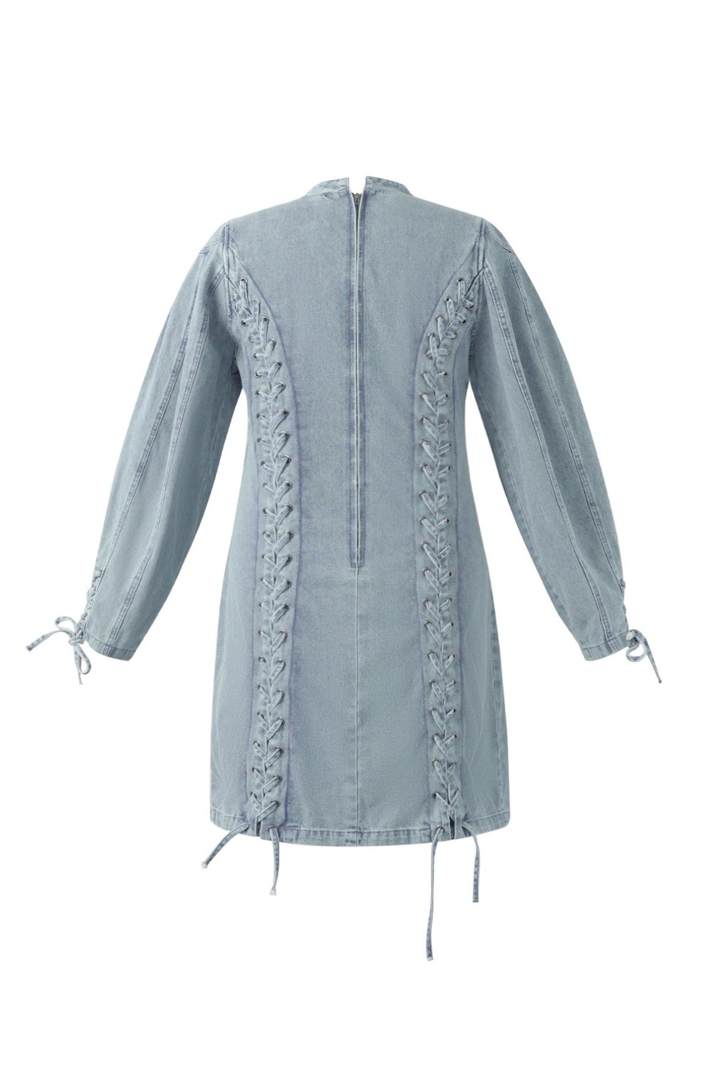 Cotton Woven Denim Dress Elegant Tie-up Solid Color h5Image3