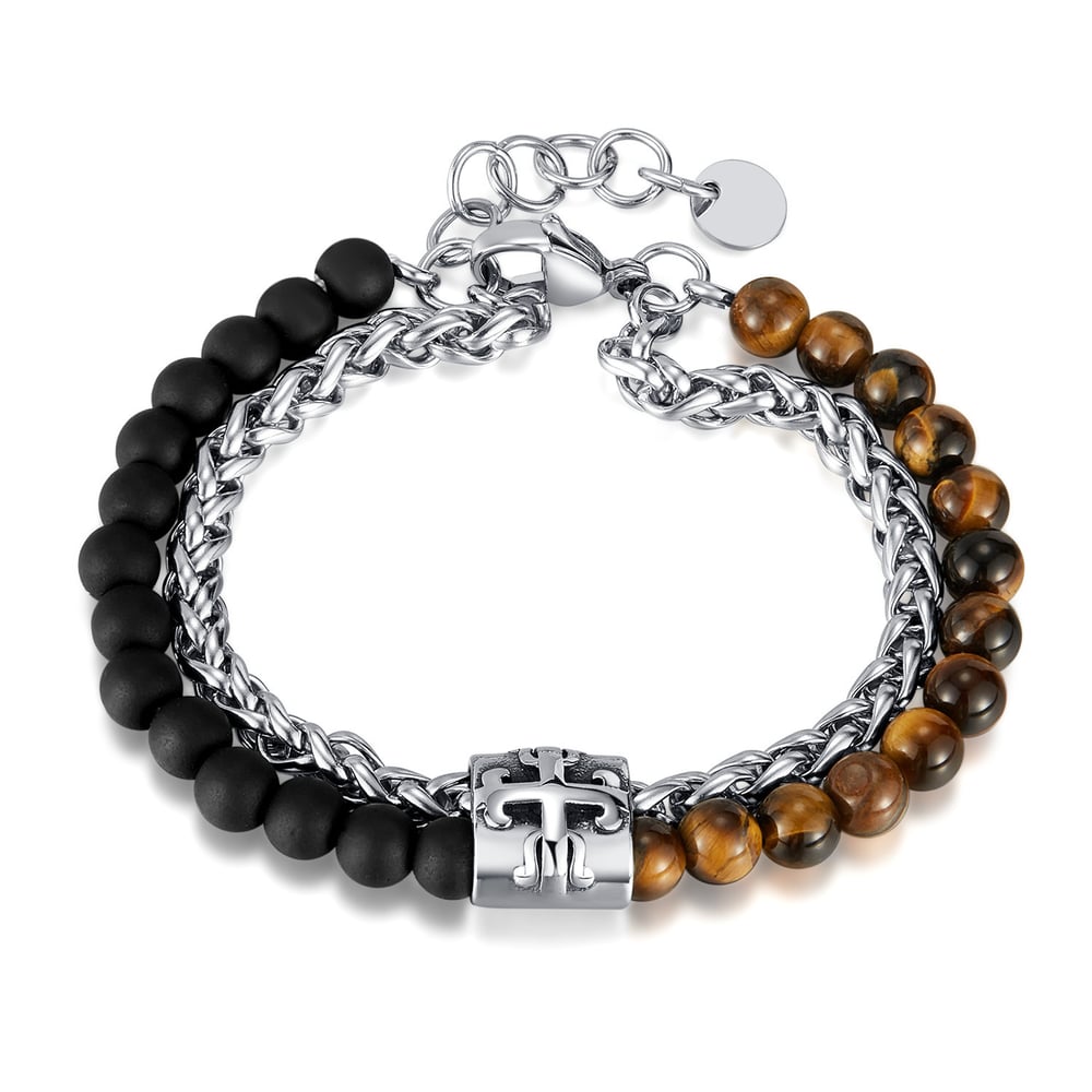 1 Piece Tiger-eye Stone Double-layer Stainless Steel Men's Beaded Bracelets