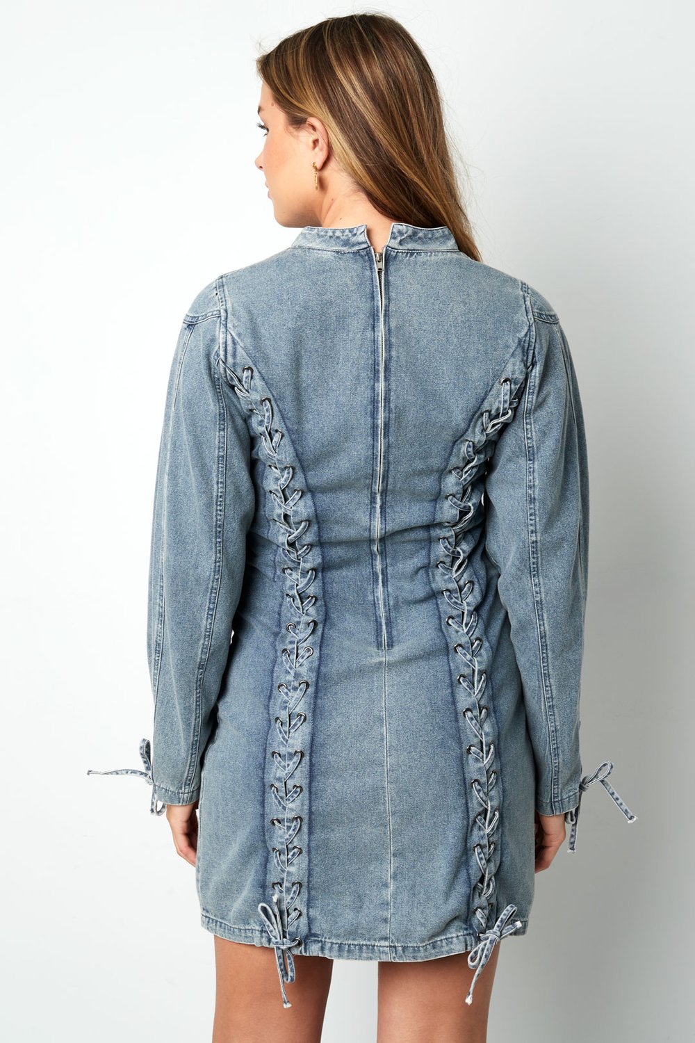 Cotton Woven Denim Dress Elegant Tie-up Solid Color h5Image7