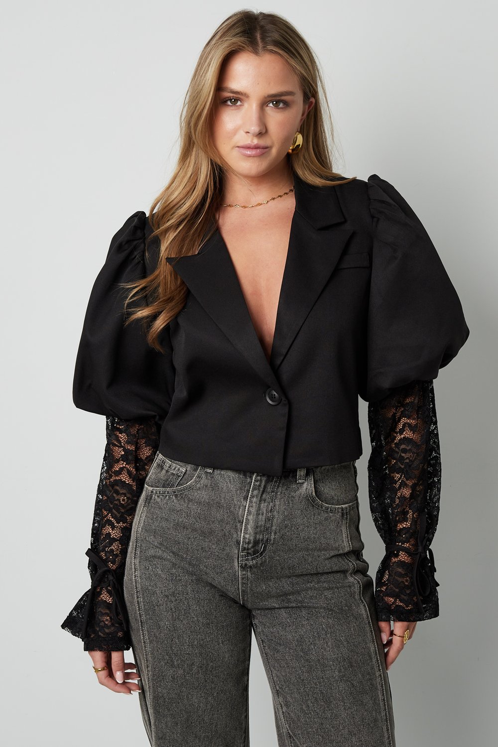 Mélange de Coton Blazer Femme Manche Ballon Insert Dentelle h5Image4