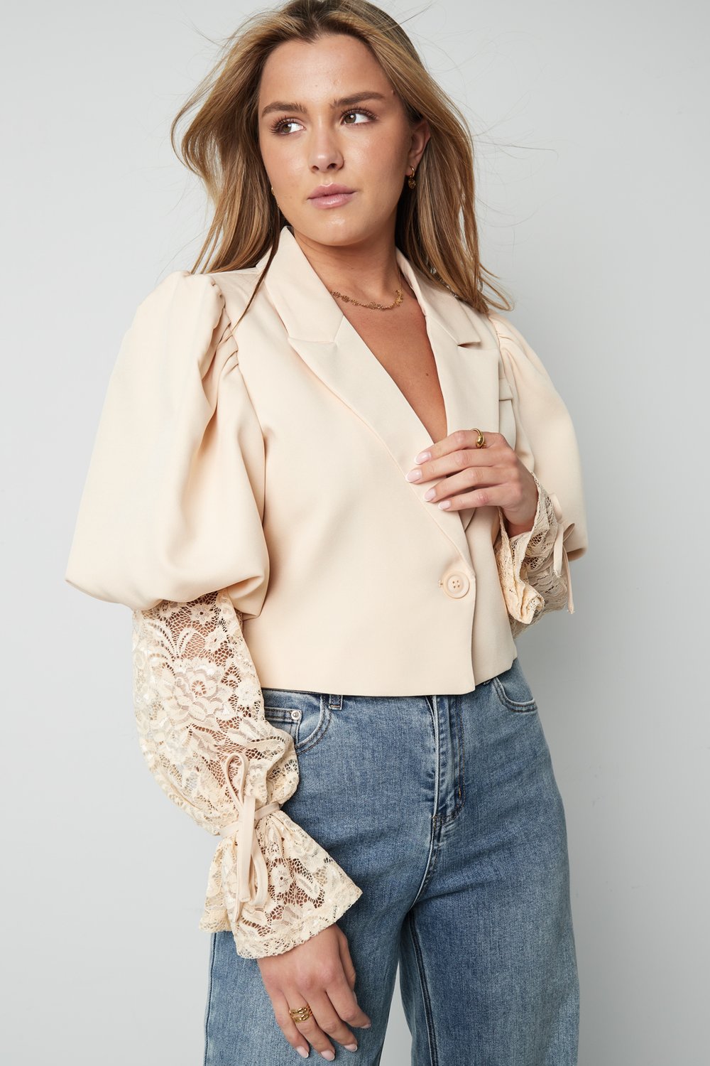 Mélange de Coton Blazer Femme Manche Ballon Insert Dentelle h5Image9