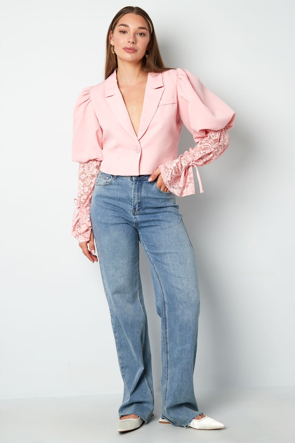 Mélange de Coton Blazer Femme Manche Ballon Insert Dentelle h5Image7