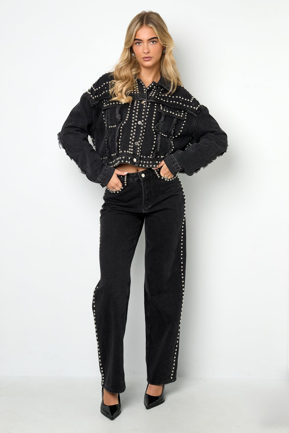 Woven Cotton Women's Denim Jacket Street Solid Color Studded Design h5Picture8