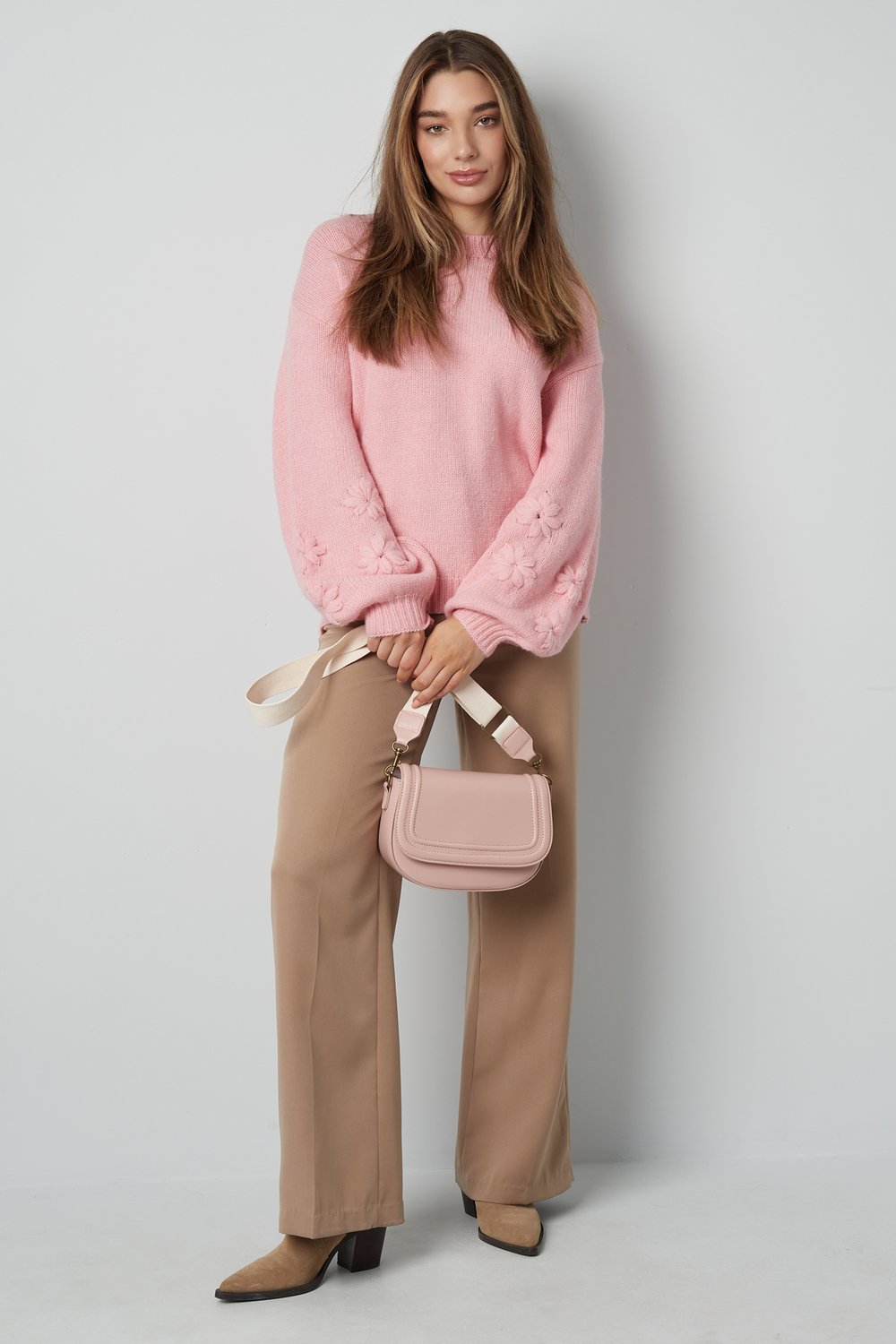 Örme Yün Karışım Kadın Oversized Pulover Çiçek Dikişli h5Resim7