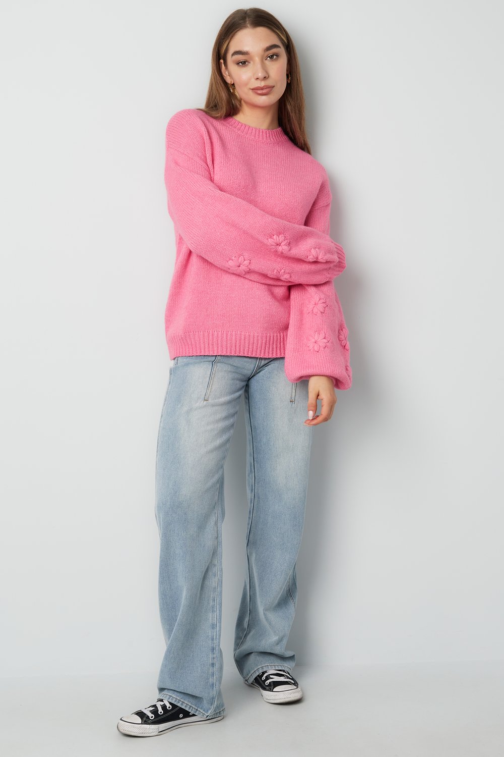 Örme Yün Karışım Kadın Oversized Pulover Çiçek Dikişli h5Resim11