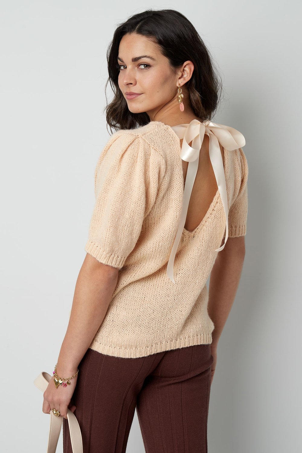 Nylon Women's Short Sleeve Top Knitted Back Tie Design Picture5