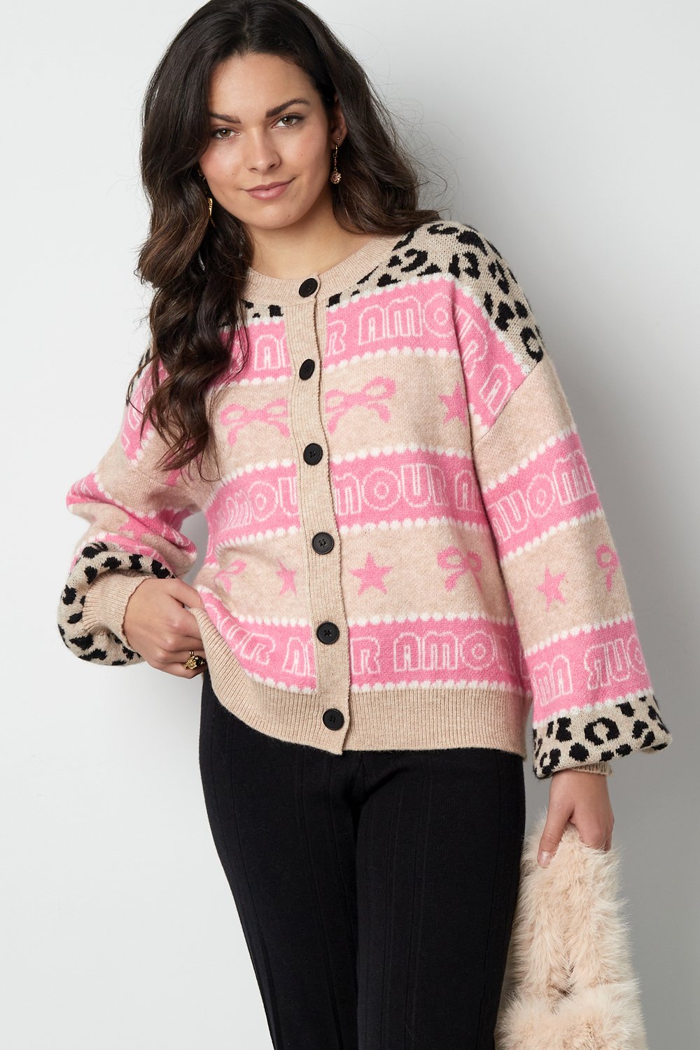 Knitted Cotton Blend Women's Cardigan Patterned Print Picture3