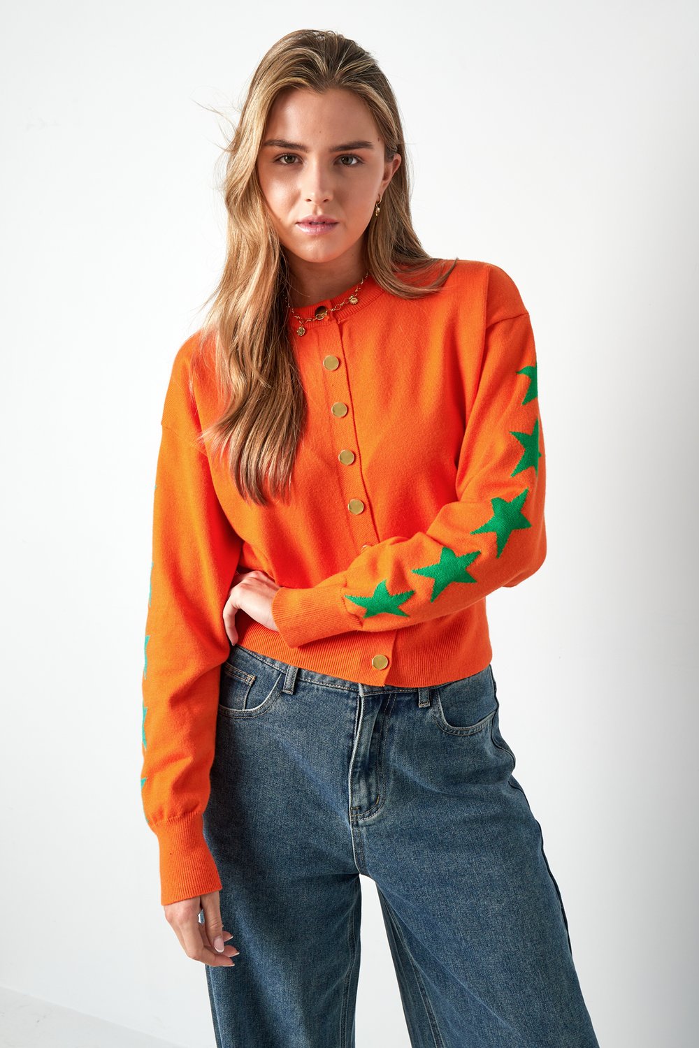 Viscose Knit Cardigan Women's Cropped Style Star Pattern Picture8