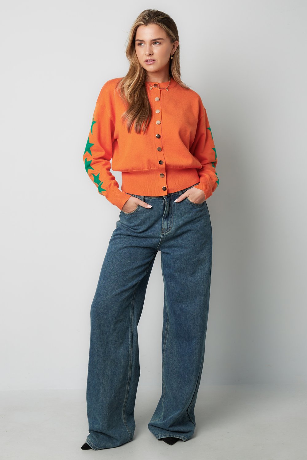 Viscose Knit Cardigan Women's Cropped Style Star Pattern Picture9