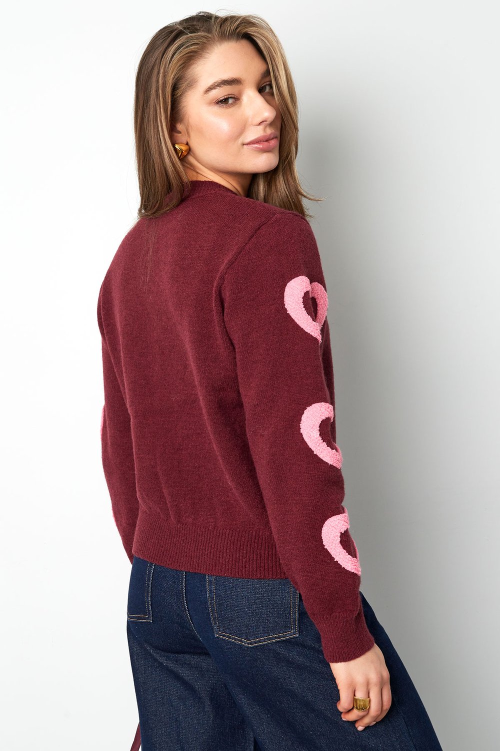 Knitted Wool Blend Women's Crewneck Sweater Heart Pattern Design h5Picture3