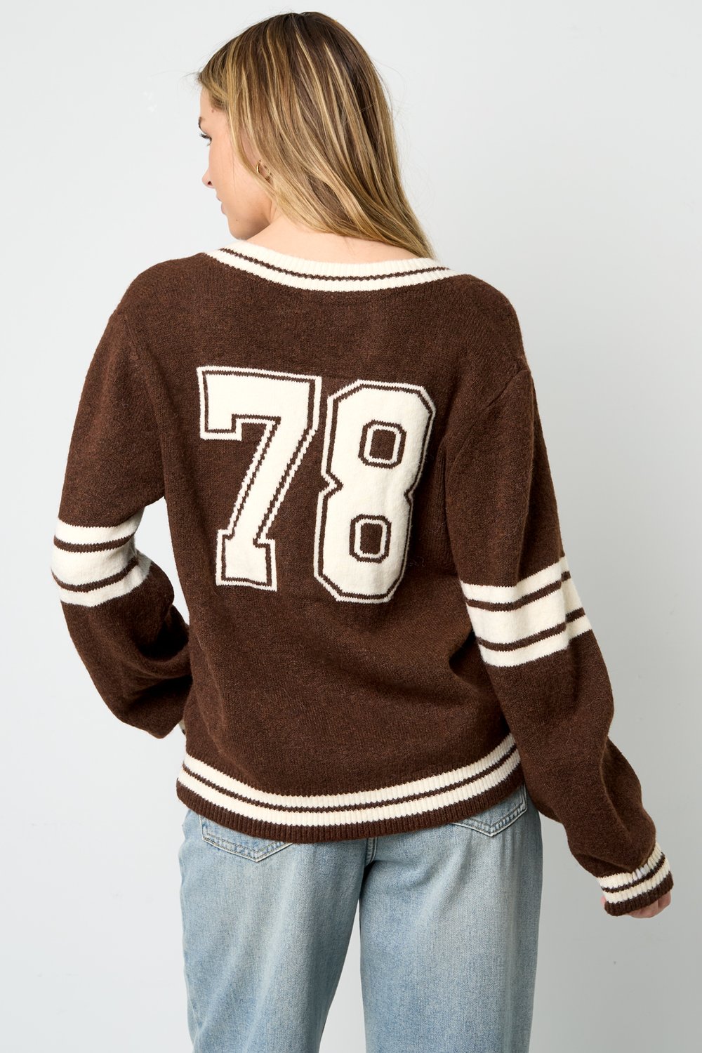 Knitted Polyester Fiber Women's V-Neck Sweater Sporty Contrast Stripes h5Picture11