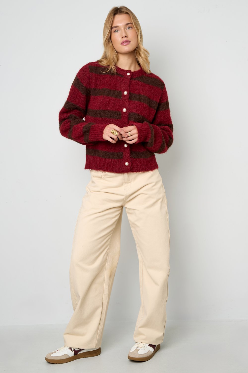 Knitted Polyester Fiber Women's Cardigan Casual Stripes h5Picture6