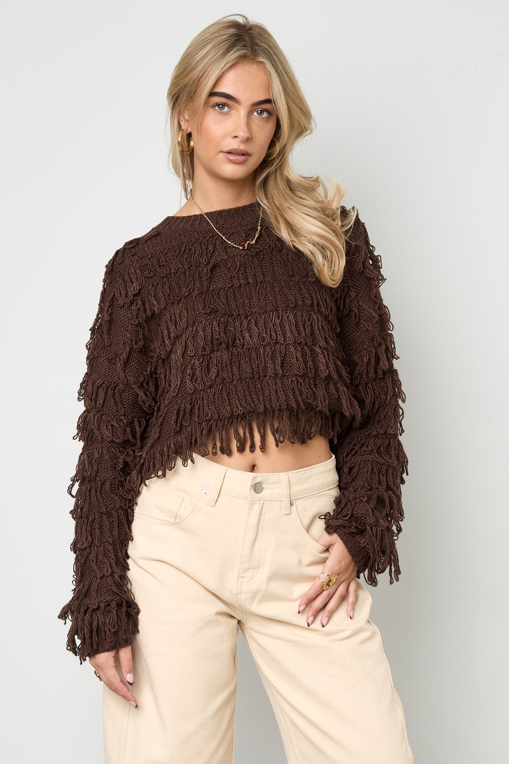 Knitted Acrylic Women's Cropped Sweater Fringe Detail h5Picture7