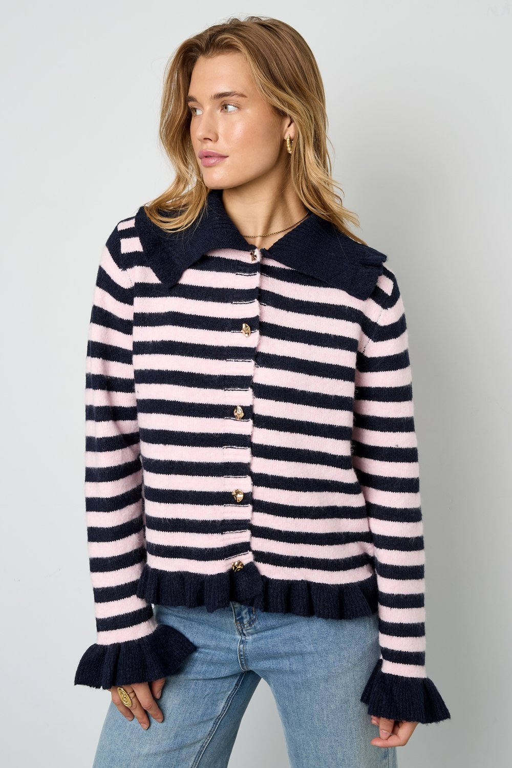 Knitted Polyester Fiber Women's Cardigan Casual Stripes h5Picture4