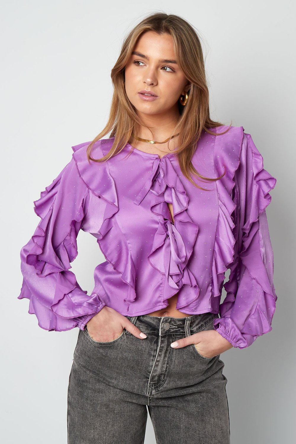 Polyester Women's Long Sleeve Top Ruffled Front Tie Picture2