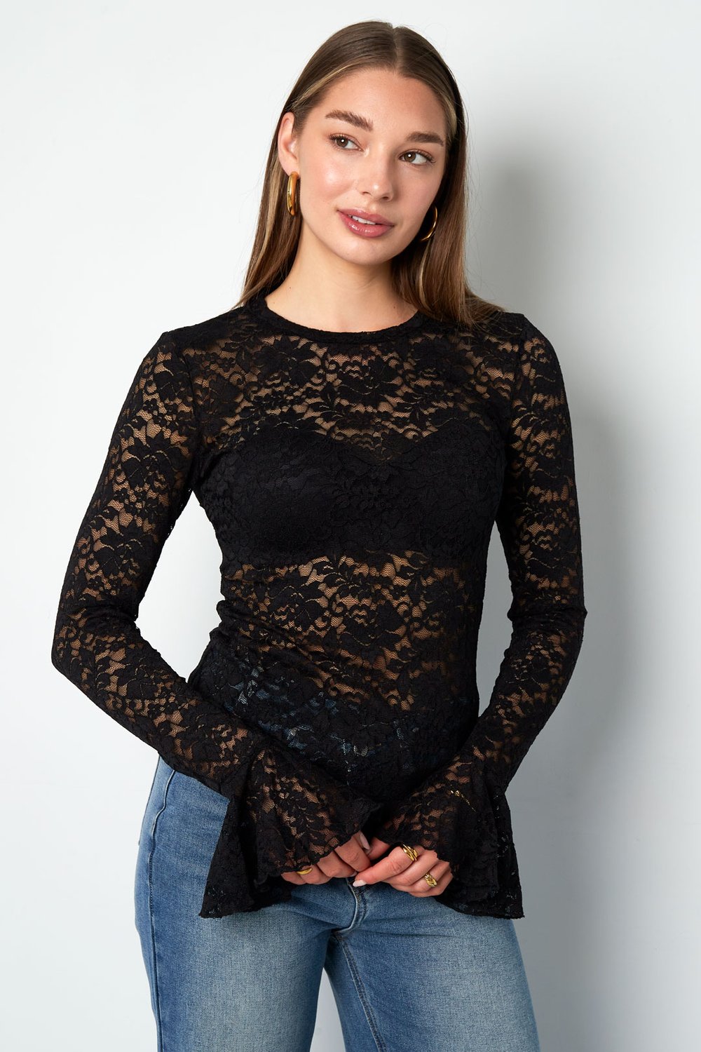 Woven Polyester Long Sleeve Tops Elegant Lace Panel Picture8