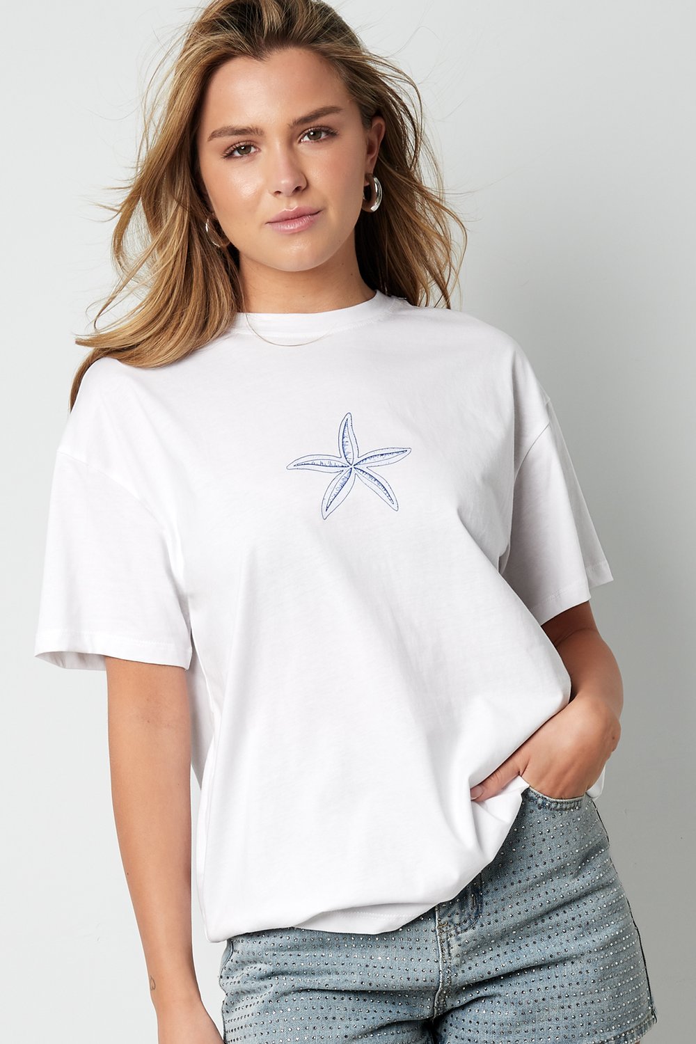Coton T-shirt Femme Casual Broderie Étoile de Mer h5Image4