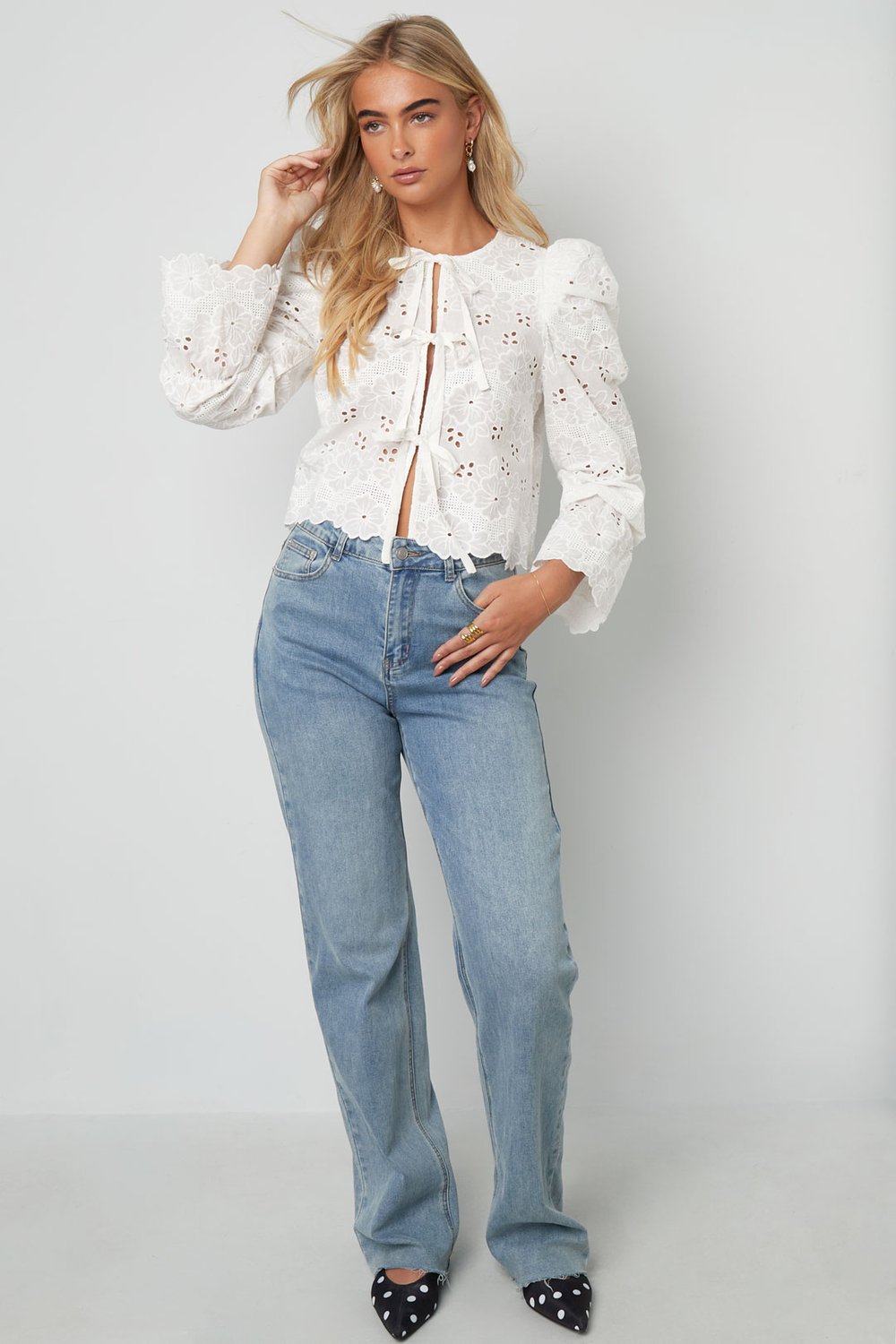 Cotton Woven Women's Long Sleeve Top Casual Cutout h5Picture5