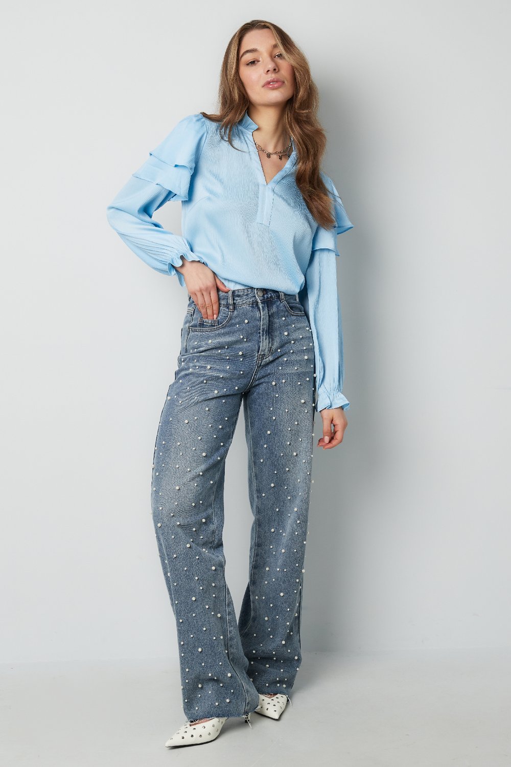 Blouse Manches Longues Femme Polyester Volants Col V Image7