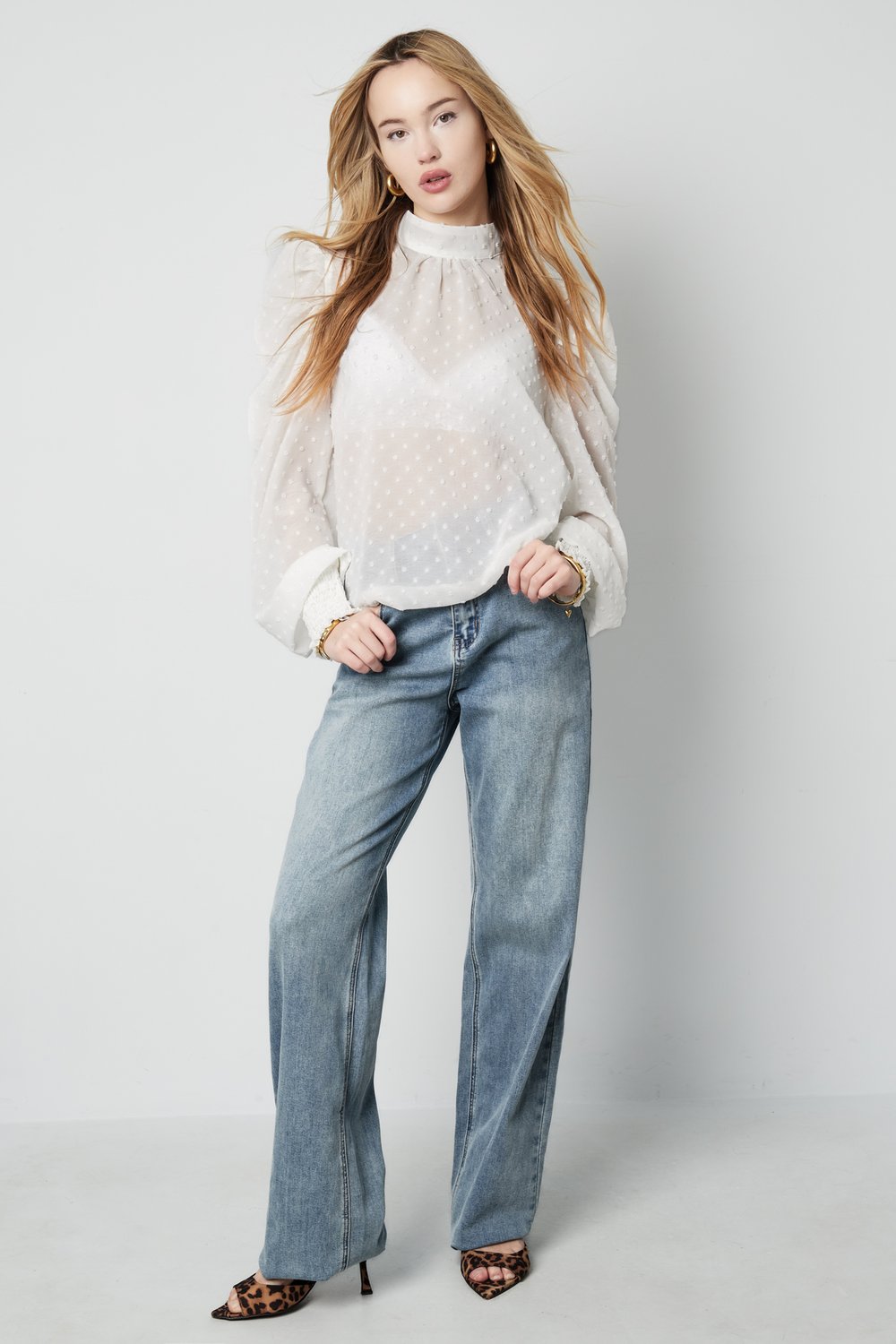 Polyester Femme Haut Manches Longues Puff Sleeve Col Montant h5Image5