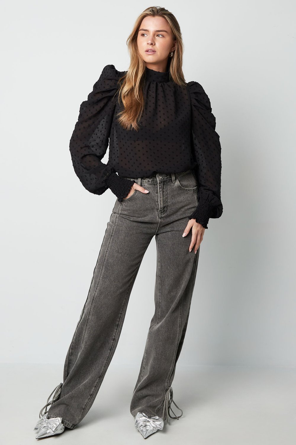 Polyester Femme Haut Manches Longues Puff Sleeve Col Montant h5Image4