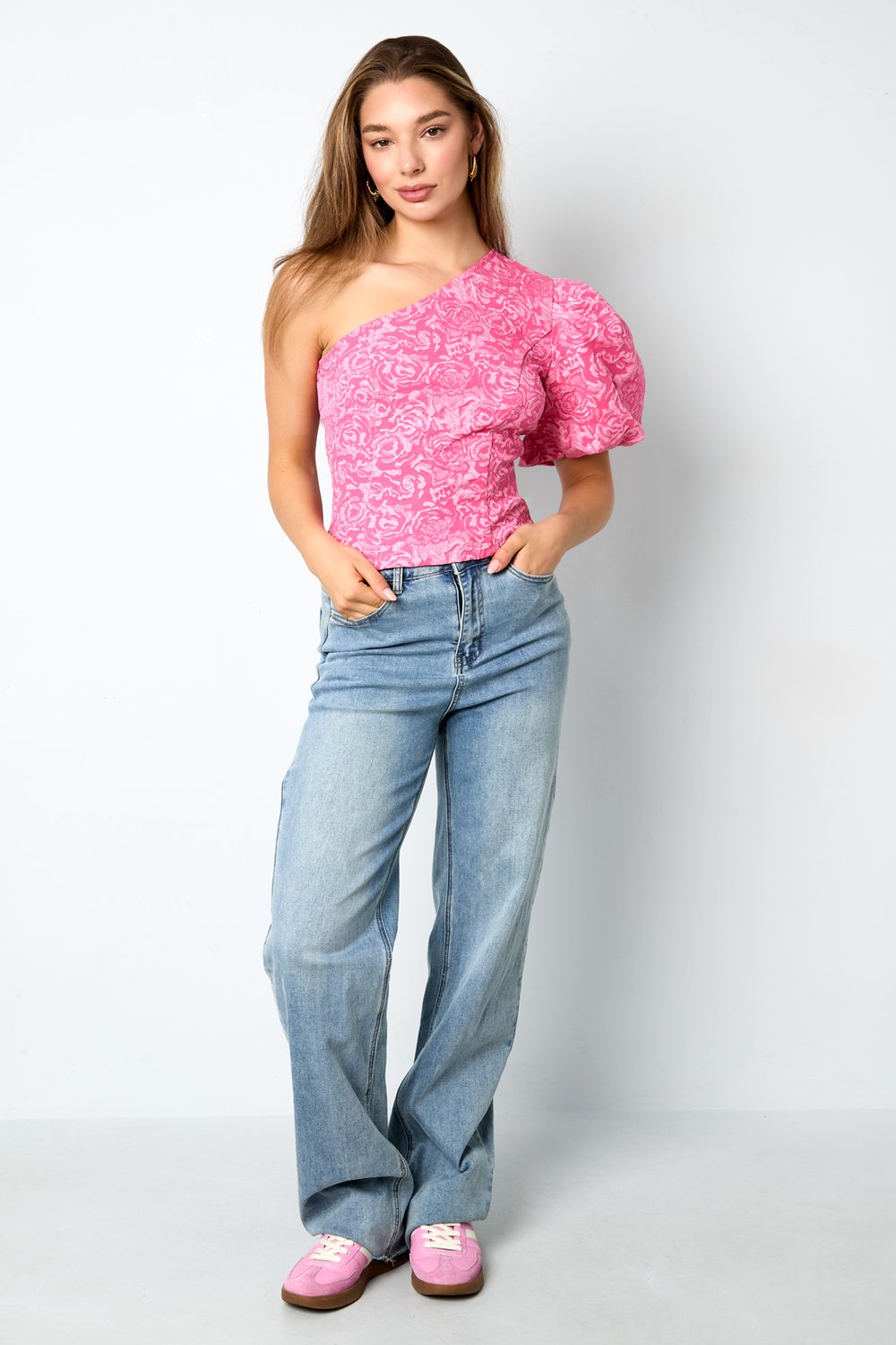 Woven Polyester Fiber Women's One-Shoulder Top Elegant Floral Print Picture8