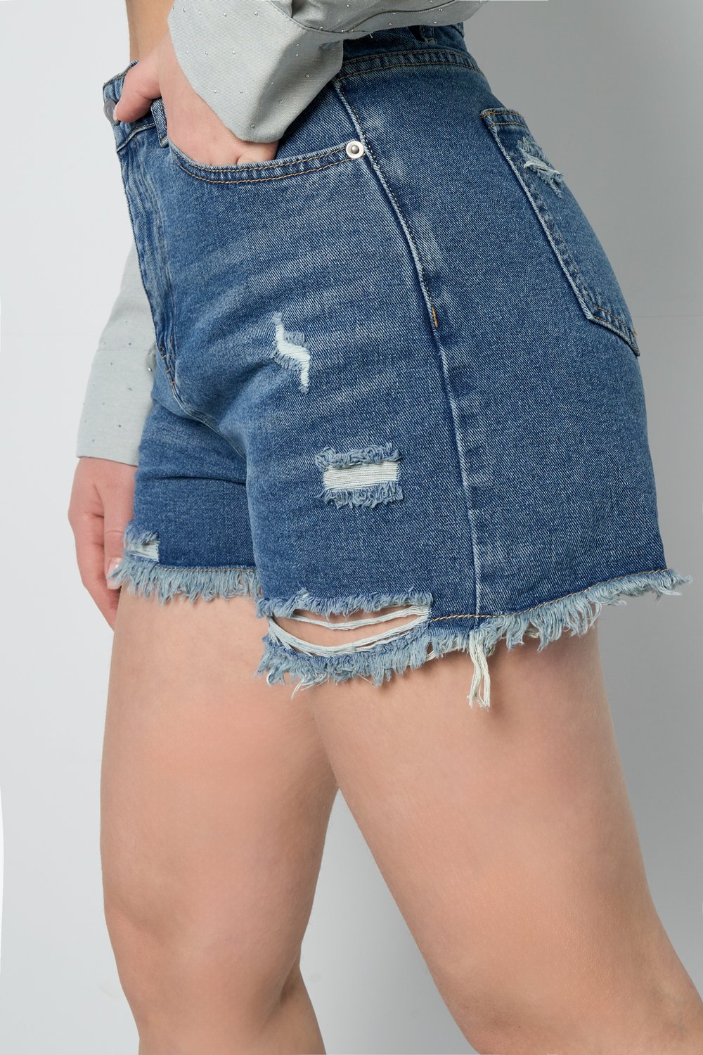 Denim Damen High-Waisted Shorts Abgenutzt Gefranste Saum Bild5