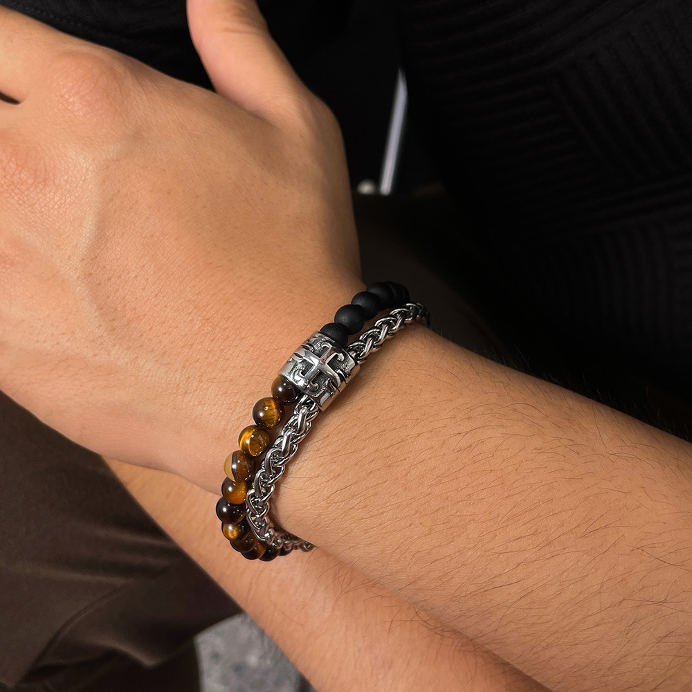 1 Piece Tiger-eye Stone Double-layer Stainless Steel Men's Beaded Bracelets h5Picture5