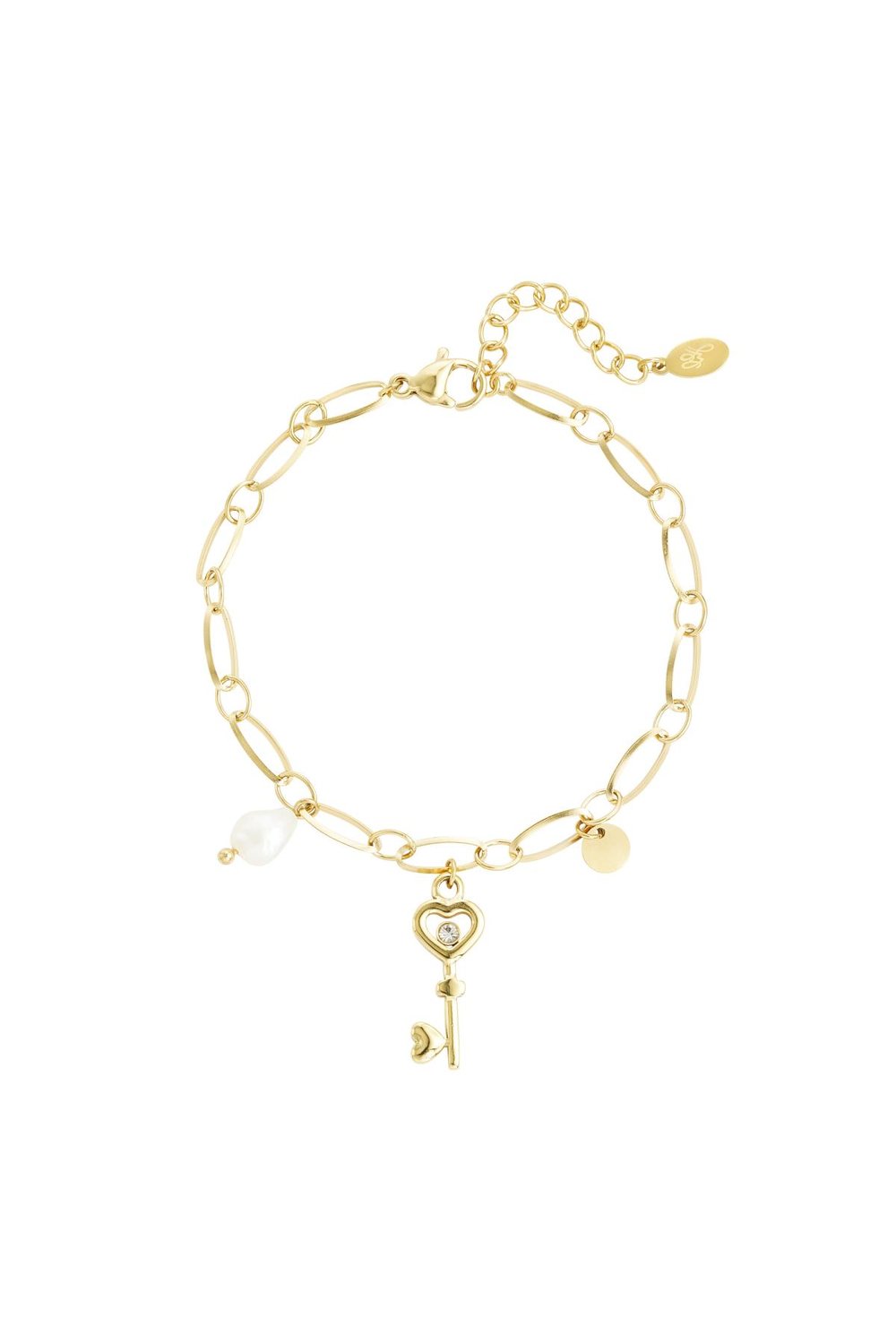 Link bracelet key charm & pearl Gold Color Stainless Steel 