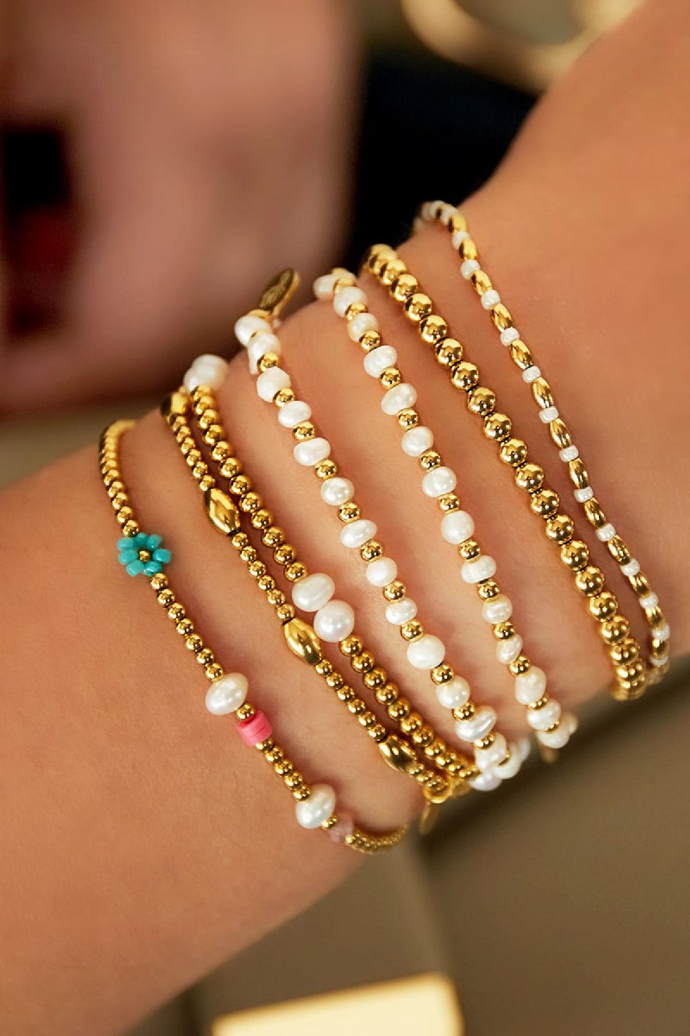 Armband Perlen Goldfarbe Edelstahl Bild2