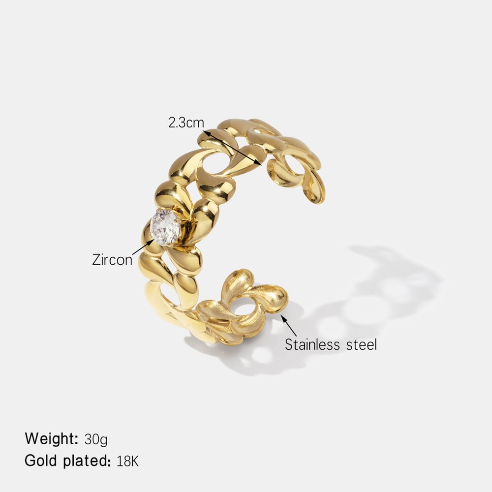 Flower Stainless Steel  Gold Color  Zircon Cuff Bracelet