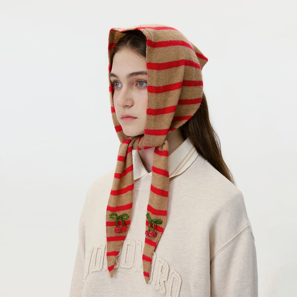 1 Piece Color-blocking Striped knitted Bandana with Beaded Cherry Picture3