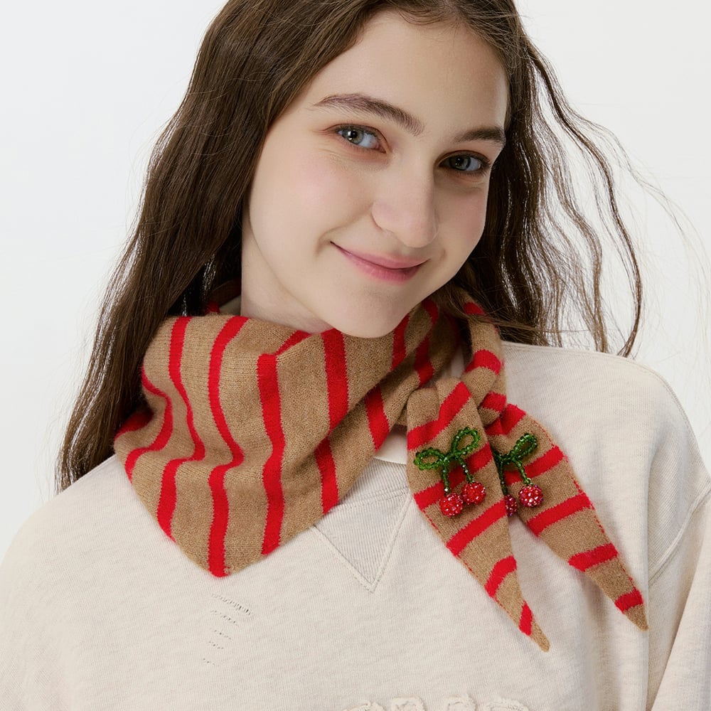 1 Piece Color-blocking Striped knitted Bandana with Beaded Cherry 