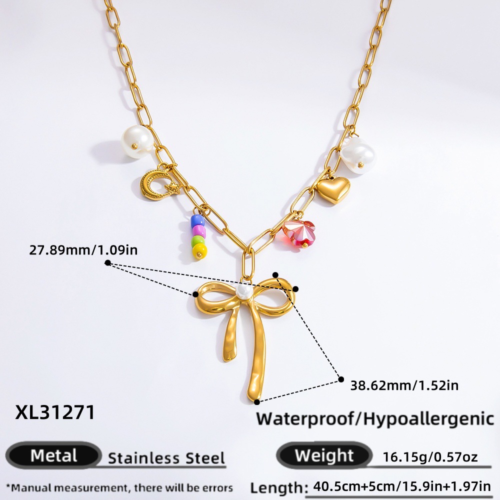 1 piece romantic series sweet bowknot stainless steel  gold color plated artificial pearl women's pendant necklaces