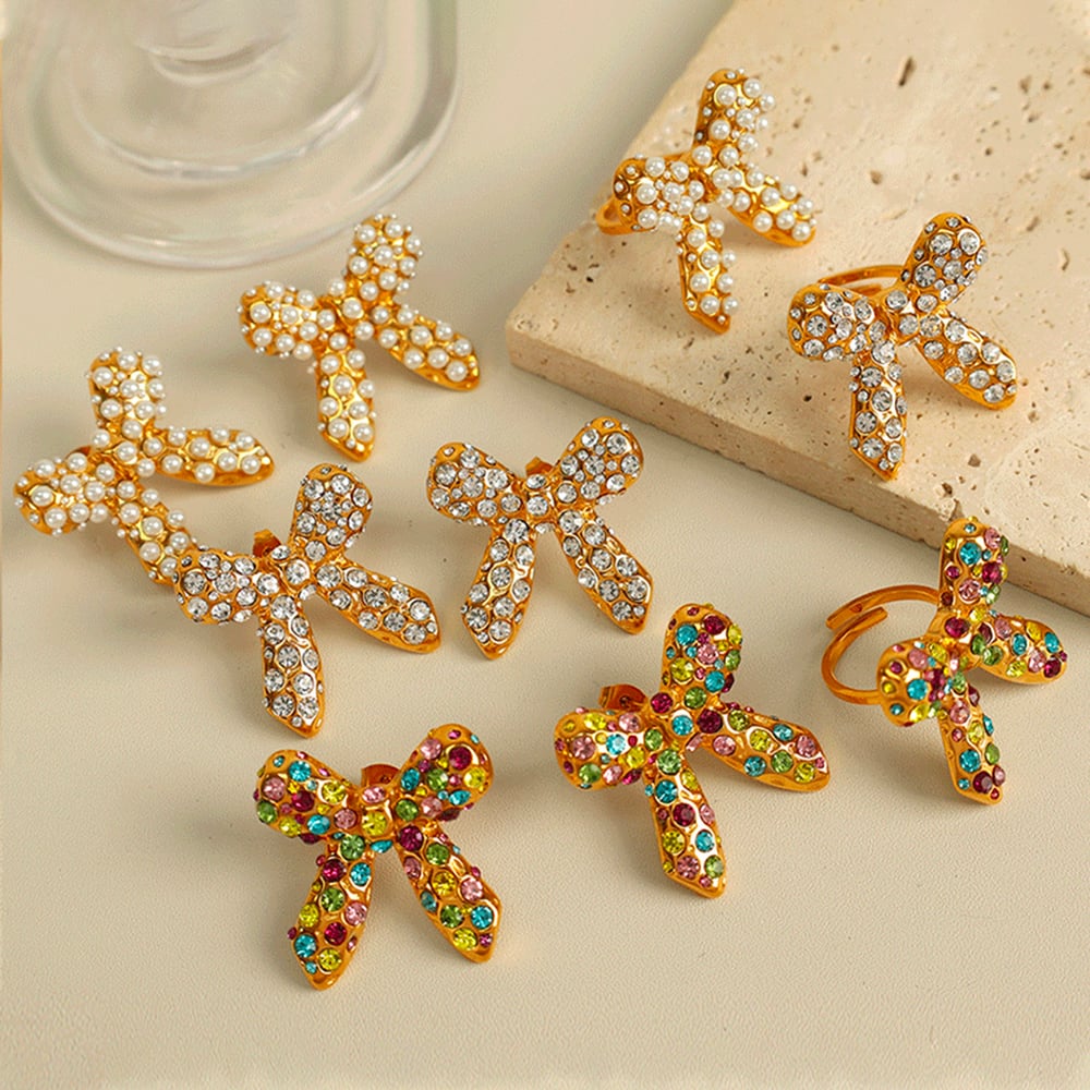 1 pair simple series retro bow knot stainless steel  gold plated rhinestone women stud earrings h5Picture2