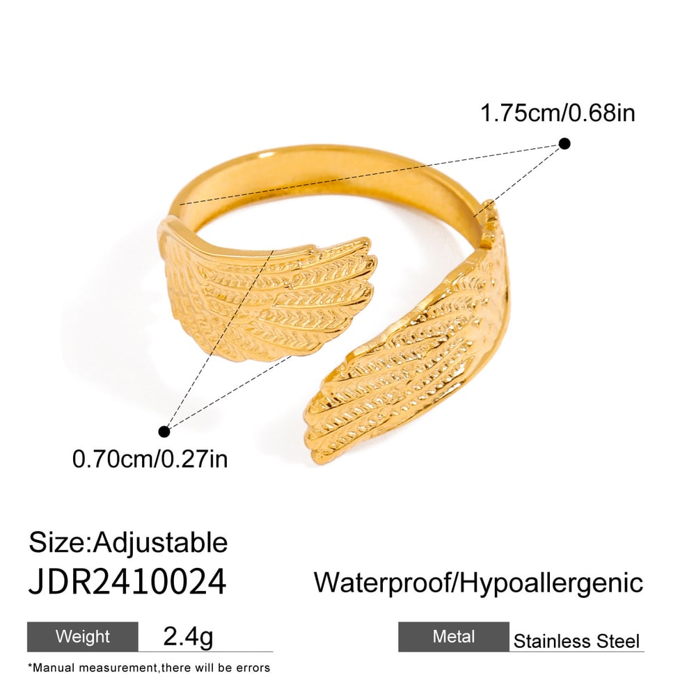 1 pair luxurious series retro wing stainless steel  gold plated women adjustable rings