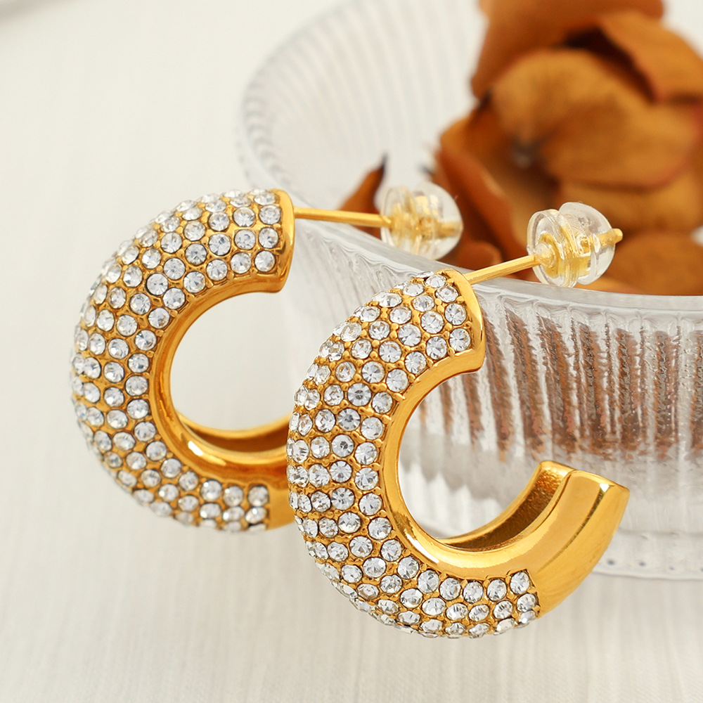 1 pair luxurious series simple geometric stainless steel gold color plated rhinestone women's hoop earrings