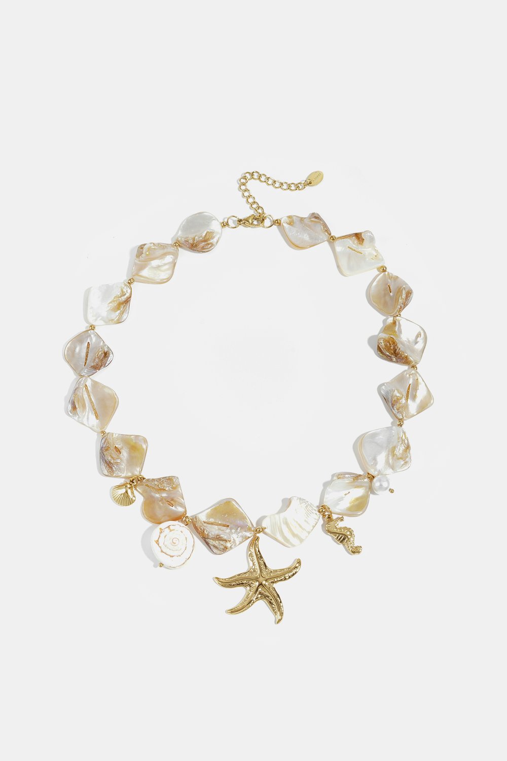 Necklace with shells, sea charms and gold beads 