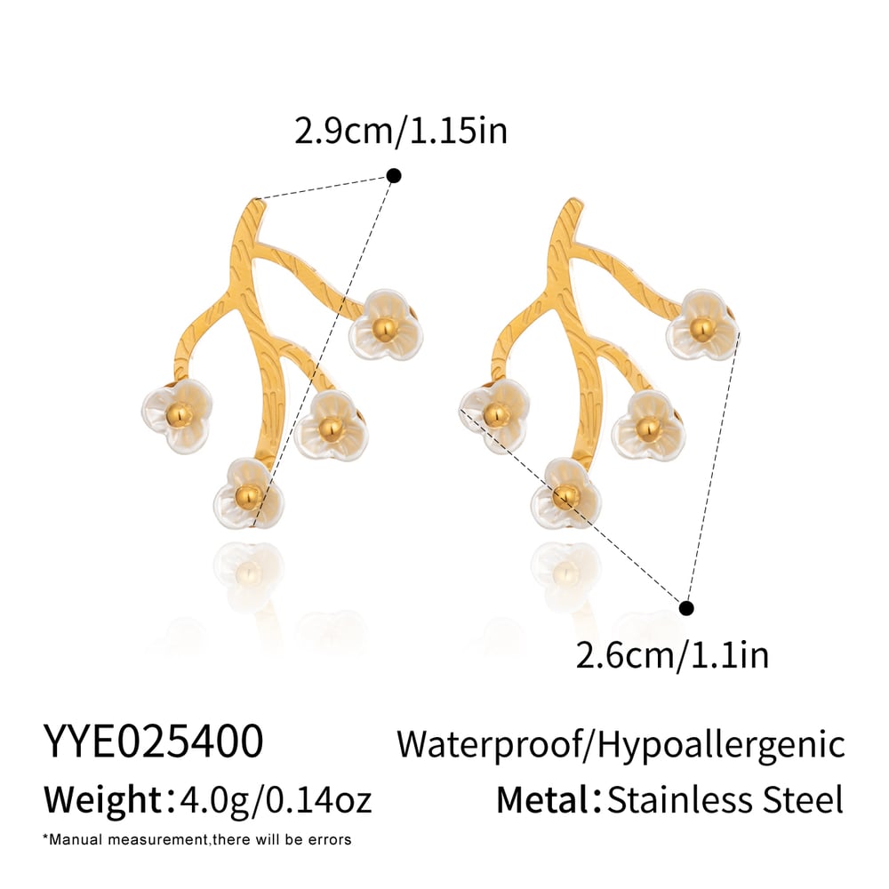 1 paire de boucles d'oreilles à clous romantiques en acier inoxydable doré et coquillage, motif floral