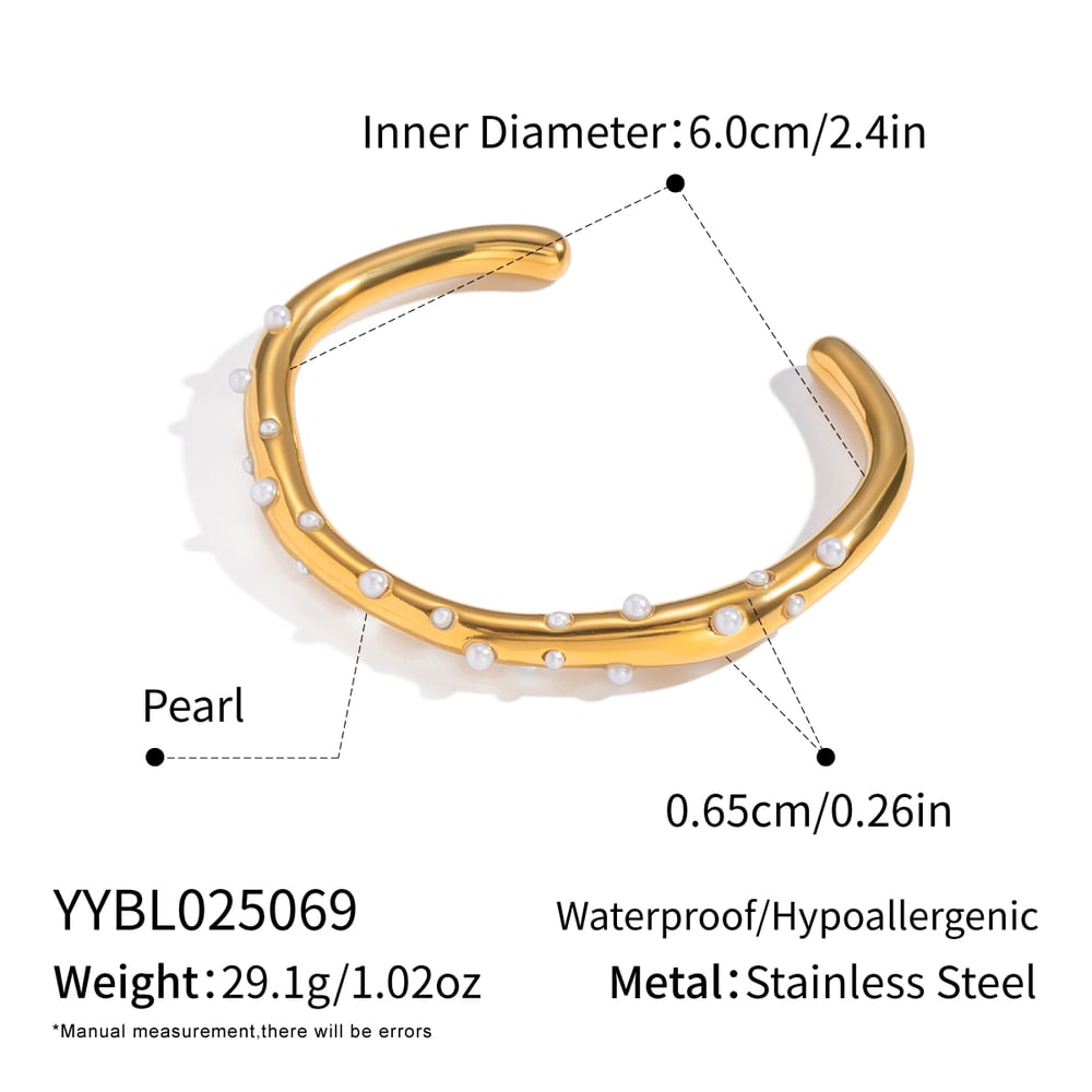Bracelet manchette en acier inoxydable doré avec perle (1 pièce)