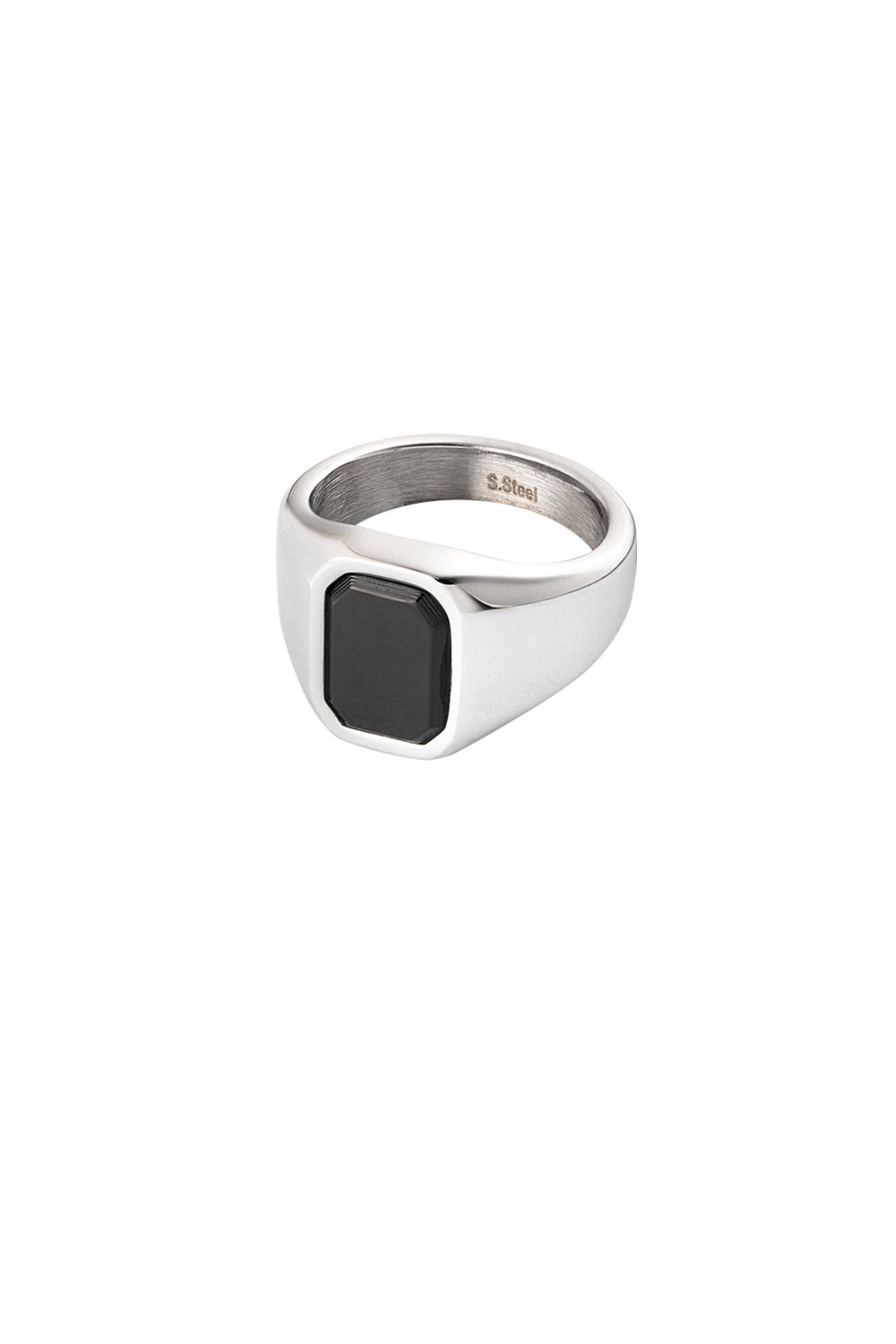 Men's ring with rectangular stone - Silver color/black 