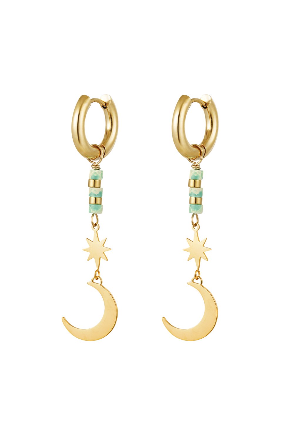Earrings star/moon - Natural stone collection Green & Gold Color Stainless Steel 