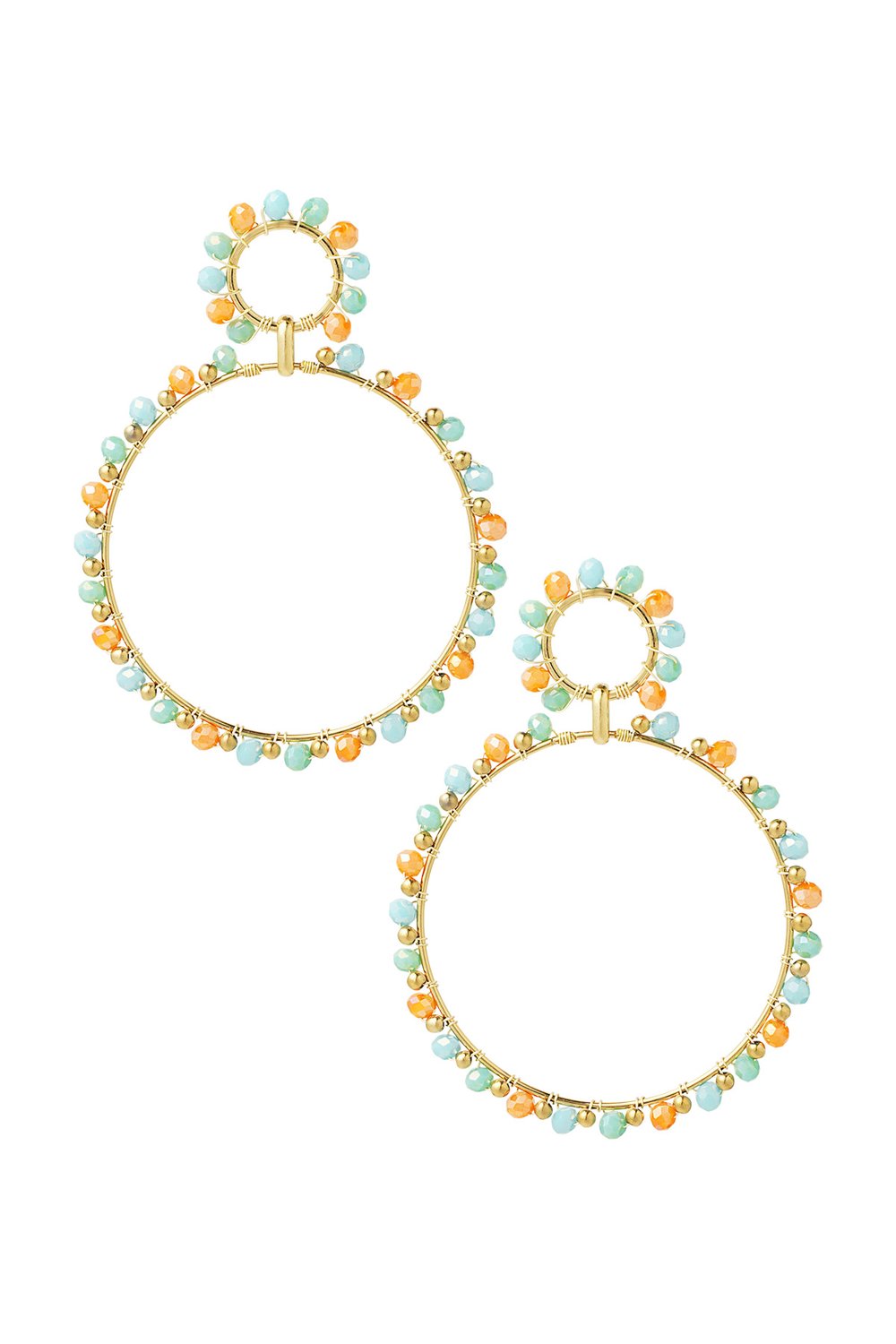 Earrings double beaded circles - Gold color/yellow/red 