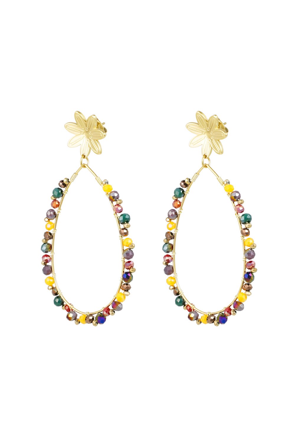 Drop earrings with beads and flower - Gold color/pink