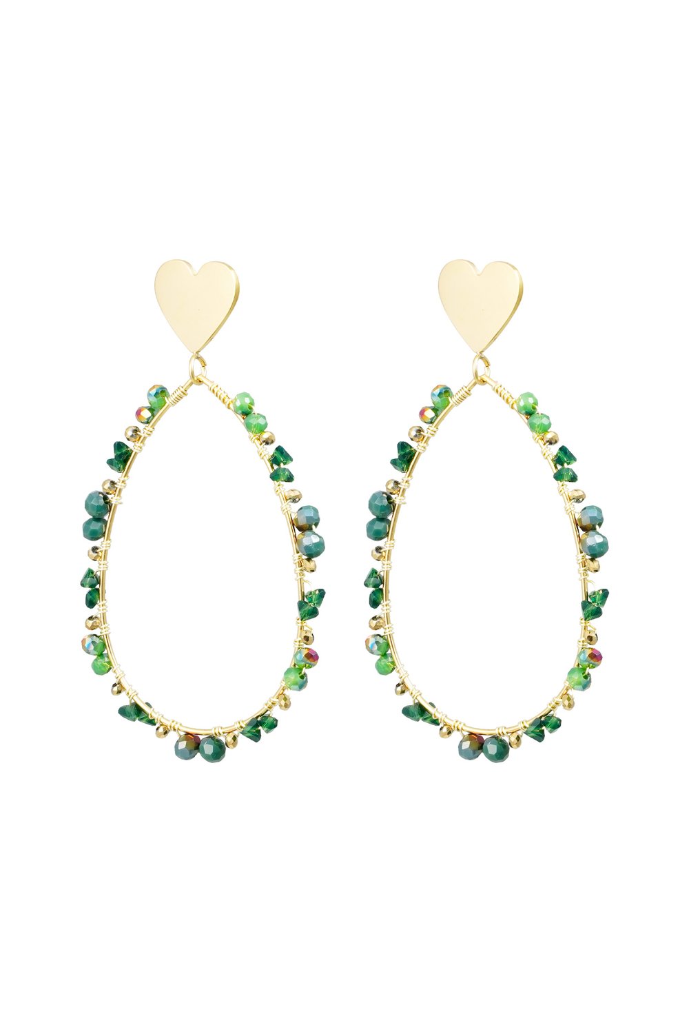 Oval earrings with beads and heart - Gold color/purple